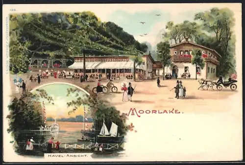 Lithographie Berlin-Wannsee, Gasthaus zur Moorlake, Havel-Ansicht