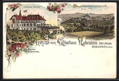 Lithographie Bredeney a. d. Ruhr, Hotel & Pension Ruhrstein, Blick auf Ruhrstein und Villa Hügel von Osten