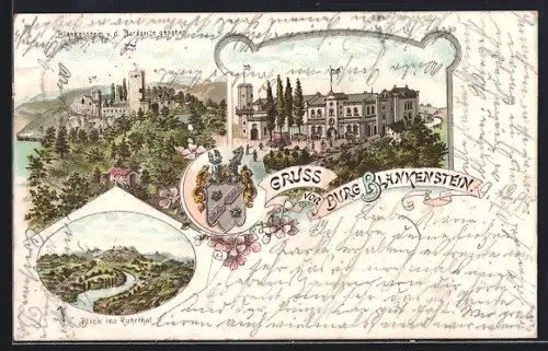 Lithographie Hattingen / Ruhr, Burg Blankenstein, Burgansicht von der Nordseite, Blick ins Ruhrtal