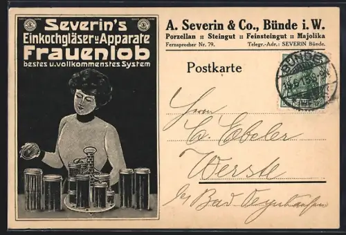 Künstler-AK Bünde i. W., A. Severin & Co., Frau mit Gläsern, Reklame für Severins Einkochgläser & Apparate Frauenlog
