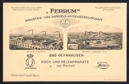 Künstler-AK Bad Oeynhausen, Industrie- und Handels-AG Ferrum, Koch- und Heizapparate der Marken: Imperial und Phönix