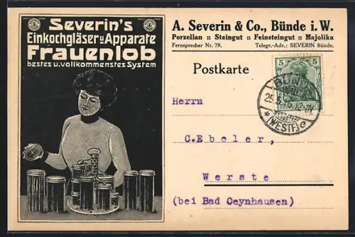 Künstler-AK Bünde i. W., A. Severin & Co., Frau mit Gläsern, Reklame für Severins Einkochgläser & Apparate Frauenlog