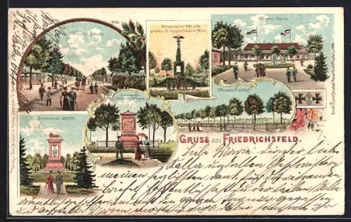 Lithographie Friedrichsfeld / Wesel, Wilhelm-Strasse, Offiziers Casino, Franzosen-Friedhof