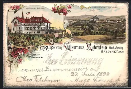 Lithographie Bredeney a. d. Ruhr, Hôtel & Pension Ruhrstein, Blick auf Ruhrstein & Villa Hügel von Osten