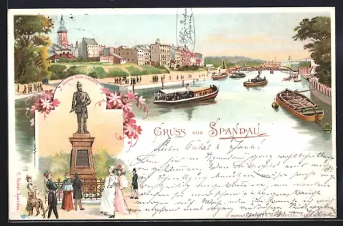 Lithographie Berlin-Spandau, Kaiser Friedrich-Denkmal, Ortsansicht