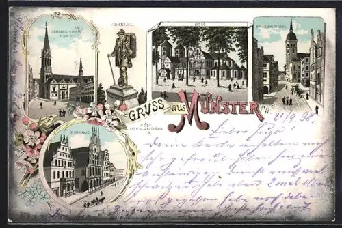 Lithographie Münster i. W., Lamberti-Kirche, Dom und Kiepenkähl