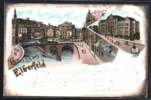 Lithographie Elberfeld, Hotel Weidenhof, Hotel Europäischer Hof und Theater, Gymnasium