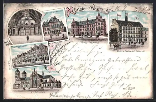 Lithographie Münster i. Westf., Hotel und Restaurant Kaiserhof, Königliche Akademie, Prinzipalmarkt