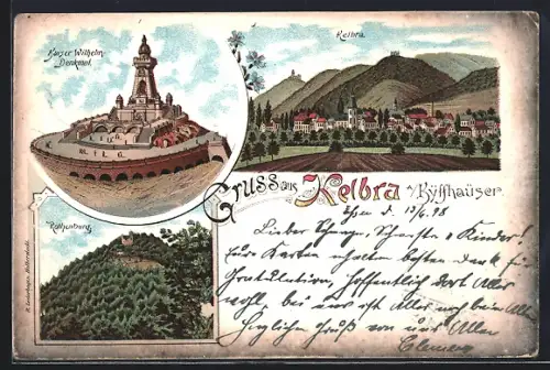 Lithographie Kelbra a. Kyffh., Kaiser Wolhelm-Denkmal, Totalansicht und Rothenburg