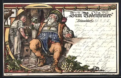 Lithographie Düsseldorf, Gasthaus Zum Rodensteiner, Älterer Mann mit Weinglas
