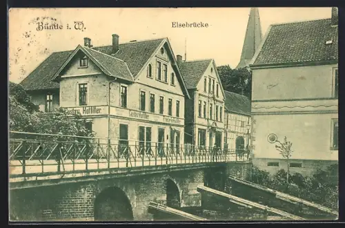 AK Bünde i. W., Eisenwarenhandlung von Gustav Hoffilter mit Elsebrücke