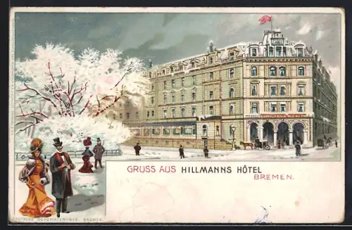 Winter-Lithographie Bremen, Hillmanns Hotel mit Passanten