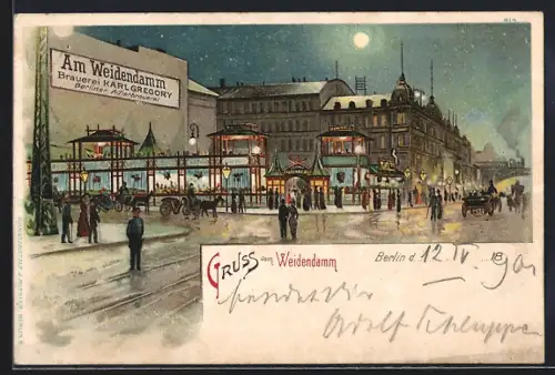 Lithographie Berlin, Brauerei Am Weidendamm v. K. Gregory mit Restaurant Falkenberg, Pferdekutsche