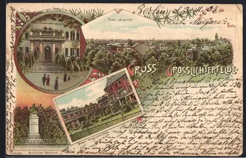 Lithographie Grosslichterfelde, Gasthof Hennigs-Festsäle, Bazar, Bismarck-Denkmal