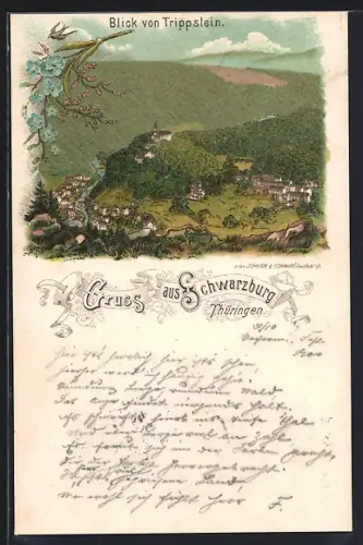 Lithographie Schwarzburg in Thüringen, Blick von Trippstein
