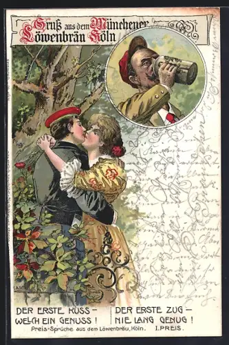 Lithographie Köln, Gasthof Münchener Löwenbräu, Liebespaar im Wald