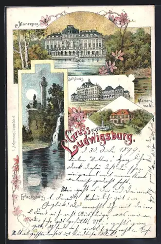 Lithographie Ludwigsburg / Württ., Monrepos, Schloss, Emichsburg, Marienwahl