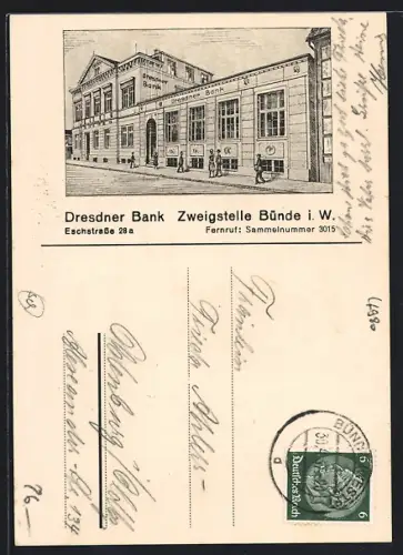 Künstler-AK Bünde i. W., Dresdner Bank Zweigstelle in der Eschstrasse 28a