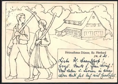 Künstler-AK Dünne /Herford, Heimathaus Dünne, Bauernpaar mit Arbeitsgeräten
