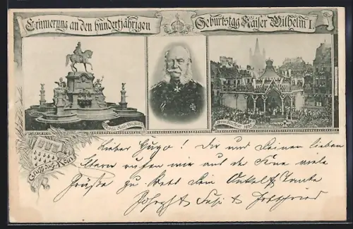 Lithographie Köln-Neustadt, 100. Geburtstag 1880 Kaiser Wilhelm I., Kaiser-Wilhelm-Denkmal