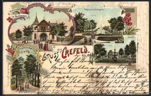 Lithographie Crefeld, Kurhaus im Stadtgarten, Springbrunnen