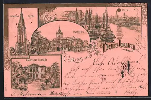 Lithographie Duisburg, Burgplatz, Josephs-Kirche, Hafen, Städtische Tonhalle