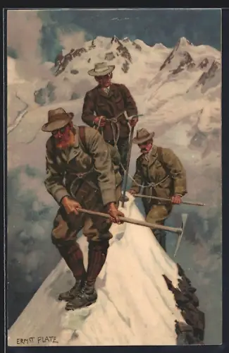 Künstler-AK Ernst Platz: Bergsteiger erklimmen einen Berggipfel