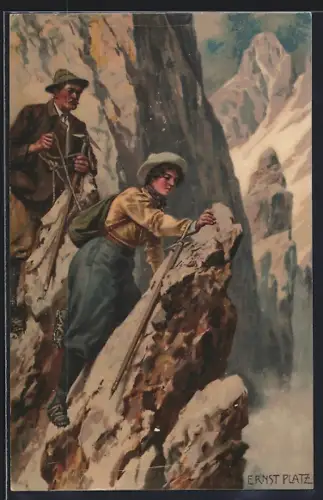 Künstler-AK Ernst Platz: Bergsteigendes Paar im Hochgebirge