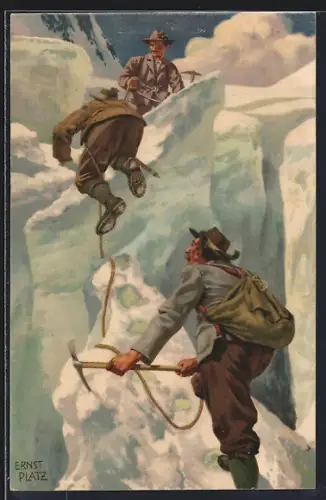 Künstler-AK Ernst Platz: Bergsteiger überwinden eine Gletscherspalte
