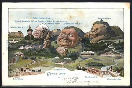 Künstler-AK Sarrebourg, Vogesenpanorama mit Geisfels und Donon, Berge mit Gesicht / Berggesichter