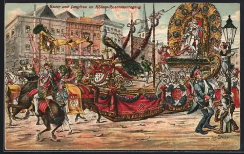 AK Köln, Bauer & Jungfrau im Rosenmontagszug