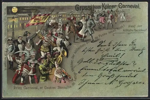 Lithographie Köln, Kölner Carneval, Prinz Carneval, et Gecken Bänsche, de hellige Mädcher..., Fasching