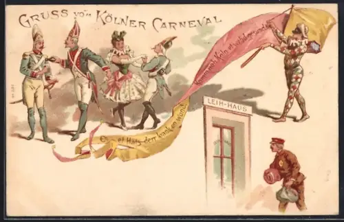 AK Gruss vom Carneval, Leih-Haus, Kostüme, Tanz, Maskenmann