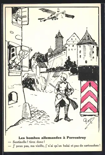 Künstler-AK Porrentruy, Ortschaft wird von einem Flugzeug bombardiert