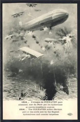 Künstler-AK Cuxhaven, Englische Wasserflugzeuge und Torpedoboote attackieren Zeppelin