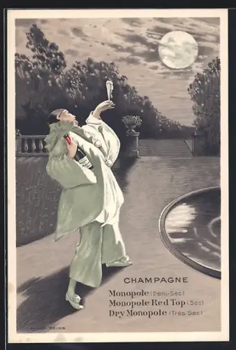 AK Harlekin trinkt einen Champagner auf den Mond