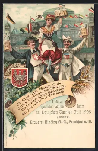 Lithographie Frankfurt a. M., XI. Deutsches Turnfest Juli 1908, Brauerei-Werbung für Binding, Gäste aus USA & Schweiz