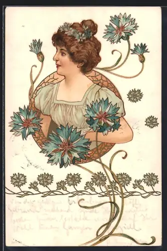Lithographie Portrait einer Frau mit Kornblumen im Haar, Jugendstil