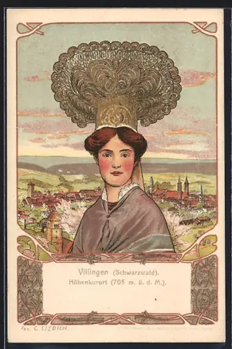 Künstler-AK Villingen / Schwarzwald, Frau in Tracht, Jugendstil