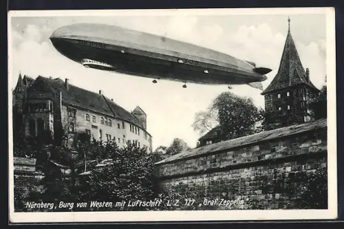 AK Nürnberg, Luftschiff LZ 127 Graf Zeppelin über der Burg