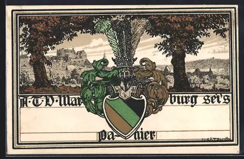 Künstler-AK Marburg, A. T. V. Marburg sei`s Panier, Studentenwappen