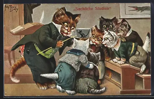 Künstler-AK Arthur Thiele: vermenschlichte Katzen beim Anschauungsunterricht