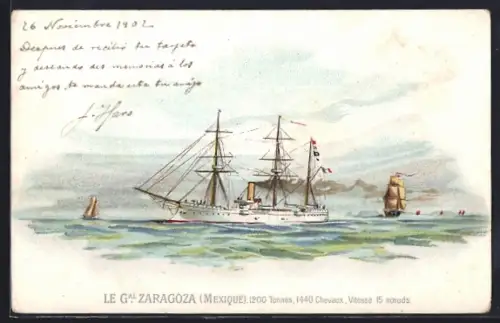 Lithographie Passagierschiff Zaragoza auf See