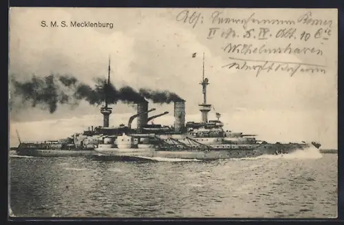 AK Kriegsschiff SMS Mecklenburg in voller Fahrt