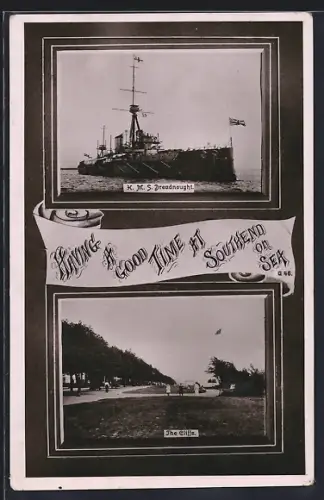 AK Kriegsschiff HMS Dreadnought auf See