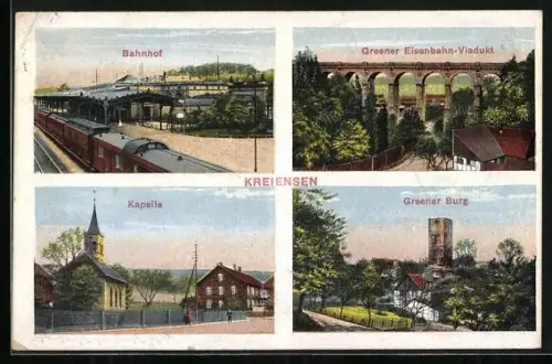 AK Kreiensen, Bahnhof, Kapelle und Schule, Greener Burg, Eisenbahn-Viadukt