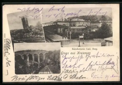 AK Einbeck, Bahnhof mit Bahnhofswirtschaft, Burg & Viadukt