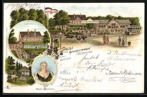 Lithographie Wolfenbüttel, Restaurant Antoinettenruh G. Lutz, Marie Antoinette, Cavalier Haus