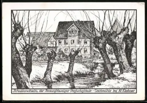 Künstler-AK Klein Mahner, Schullandheim der Braunschweiger Versuchsschule, Teichmühle