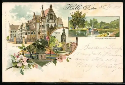 Lithographie Halle a. S., Riebeckstift, Leipziger Turm, Gesundbrunnen, Schleuse